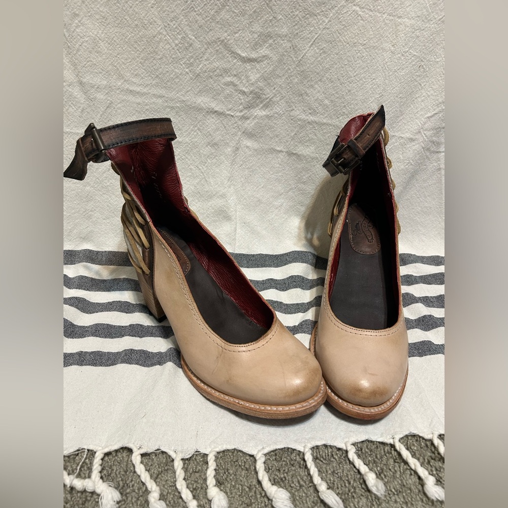 Freebird by Steven Beige and Brown Leather Ankle-Strap Heels